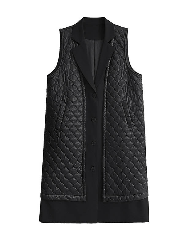Buttoned Plaid Pockets Solid Color Split-Joint Loose Sleeveless Notched Collar Padded Vest Outerwear