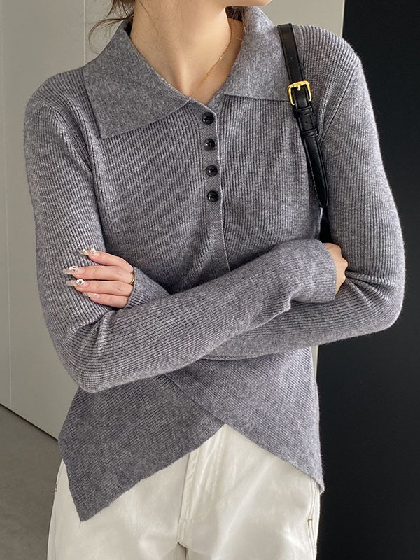 Asymmetric Buttoned Hollow Long Sleeves Skinny Lapel Sweater Pullovers Knitwear