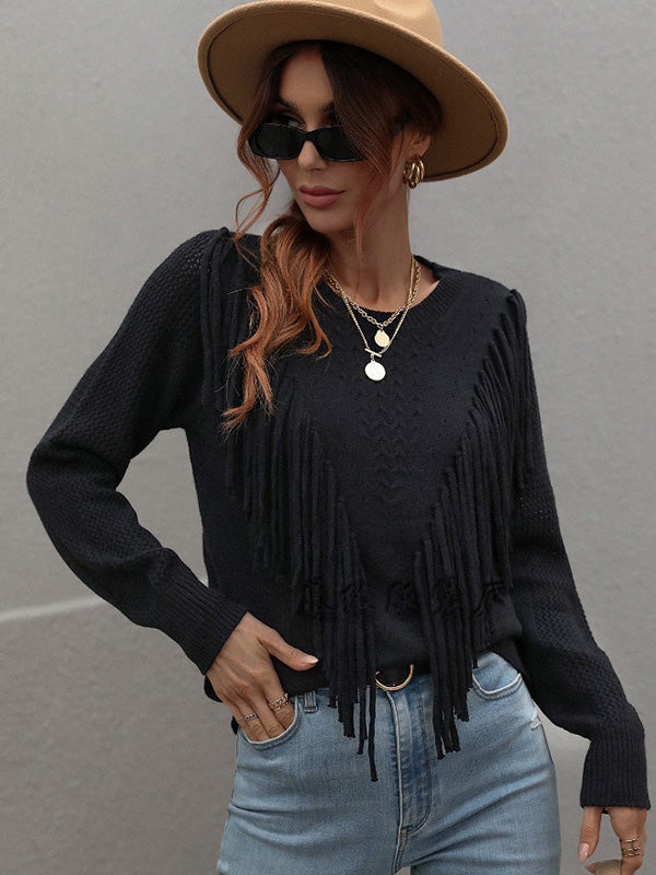 Original Long Sleeves Loose Tasseled Solid Color Round-Neck Sweater Tops