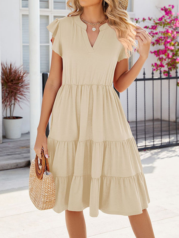 Pleated Pockets Solid Color Split-Joint Loose Ruffle Sleeves V-Neck Midi Dresses