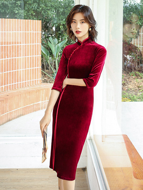 Solid Color Velvet Banquet Split-Side Long Cheongsams