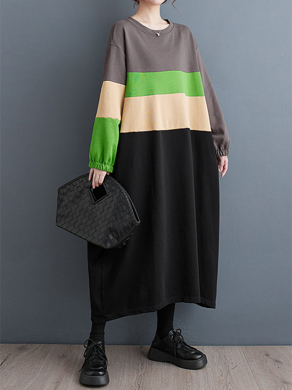 Contrast Color Elasticity Split-Joint A-Line Long Sleeves Round-Neck Midi Dresses