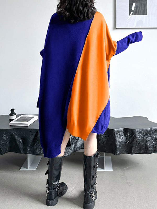 Asymmetric Contrast Color Split-Joint Batwing Sleeves Long Sleeves High Neck Sweater Dresses Midi Dresses