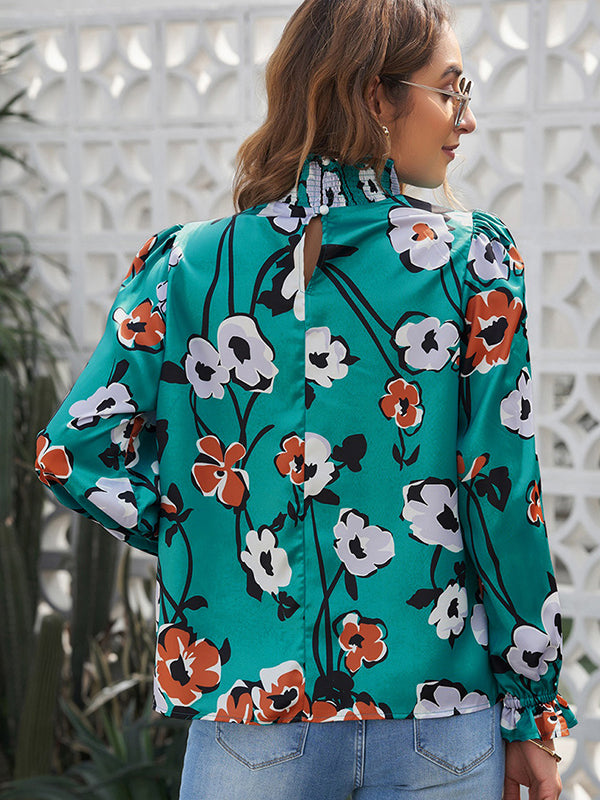 Stylish Selection Long Sleeves Loose Printed Pleated Half Turtleneck Blouses&Shirts Tops
