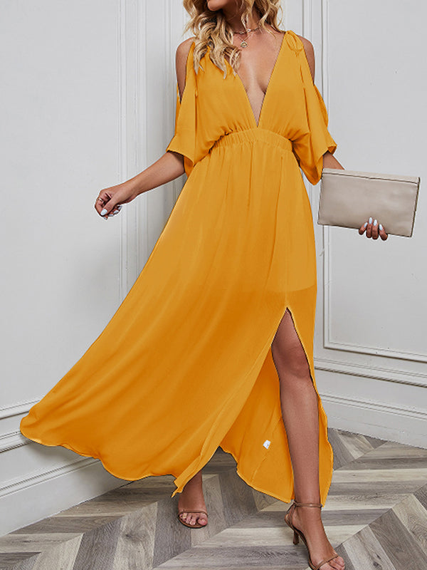 Solid Color Split-front Batwing Sleeves Loose Deep V-Neck Maxi Dresses