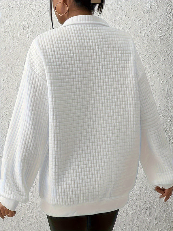 Waffle Check Zipper Long Sleeves Loose Lapel Sweatshirt Tops