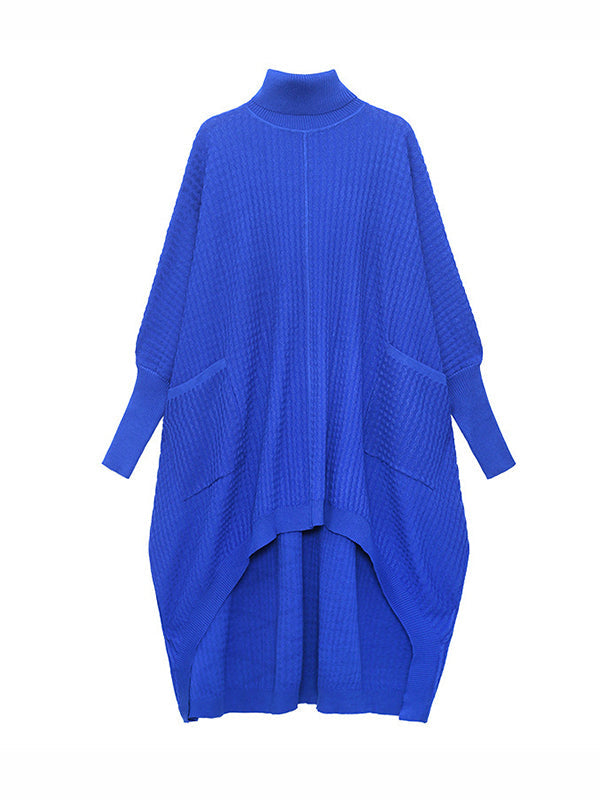 Pockets Solid Color Batwing Sleeves High-Low High-Neck Sweater Dresses Midi Dresses