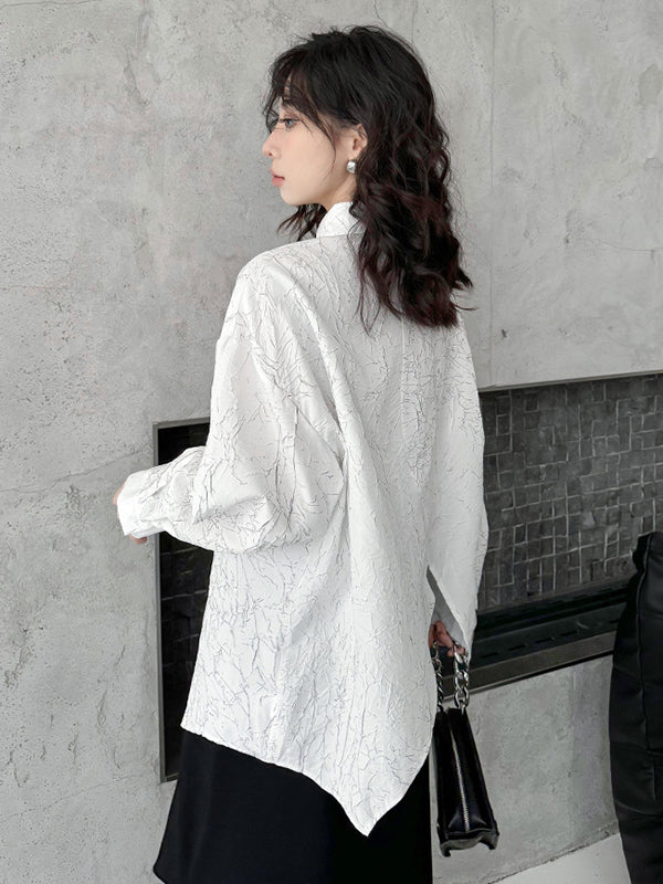 Abstract Printed Asymmetric Buttoned Wrinkled Irregularity Long Sleeves Lapel Blouses&Shirts Tops