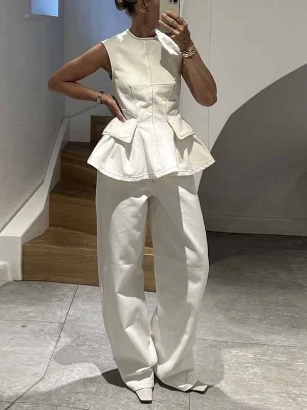 Pleated Solid Color Loose Sleeveless Round-Neck Vest Top