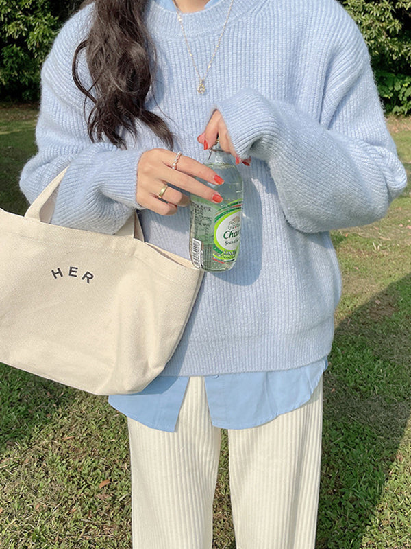 Solid Color Long Sleeves Loose Round-Neck Sweater Tops Pullovers