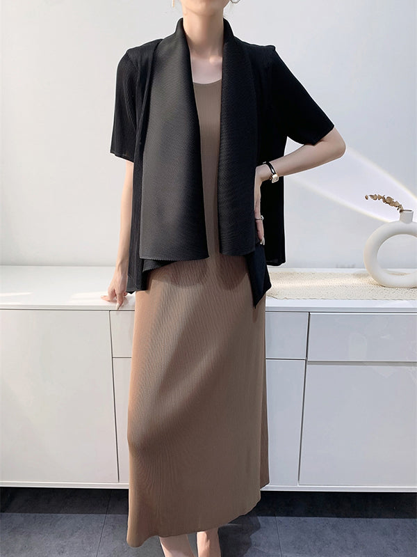Pleated Solid Color Loose Short Sleeves Collarless Outerwear