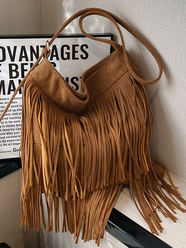 Hollow Solid Color Tasseled Zipper Handbags Crossbody Bags