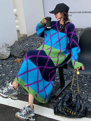 Contrast Color Plaid Split-Joint Long Sleeves Loose Round-Neck Sweater Dresses Midi Dresses