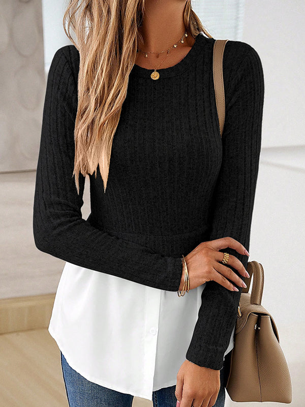 Buttoned Split-Joint Long Sleeves Loose Round-neck Knit Top