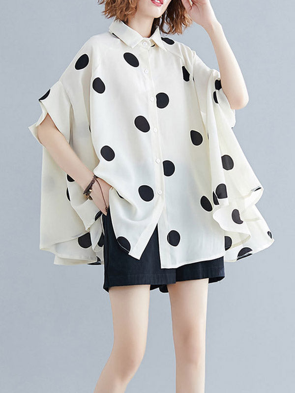 Buttoned Polka-Dot Batwing Sleeves Half Sleeves Lapel Blouses&Shirts Tops