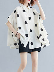 Buttoned Polka-Dot Batwing Sleeves Half Sleeves Lapel Blouses&Shirts Tops