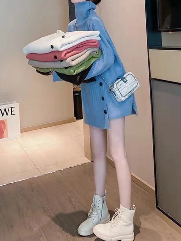Asymmetric Buttoned High-low Long Sleeves High-neck Sweater Tops Pullovers Knitwear