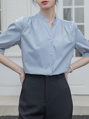 Buttoned Pleated Solid Color Split-Joint Half Sleeves Loose Stand Collar Blouses&Shirts Tops