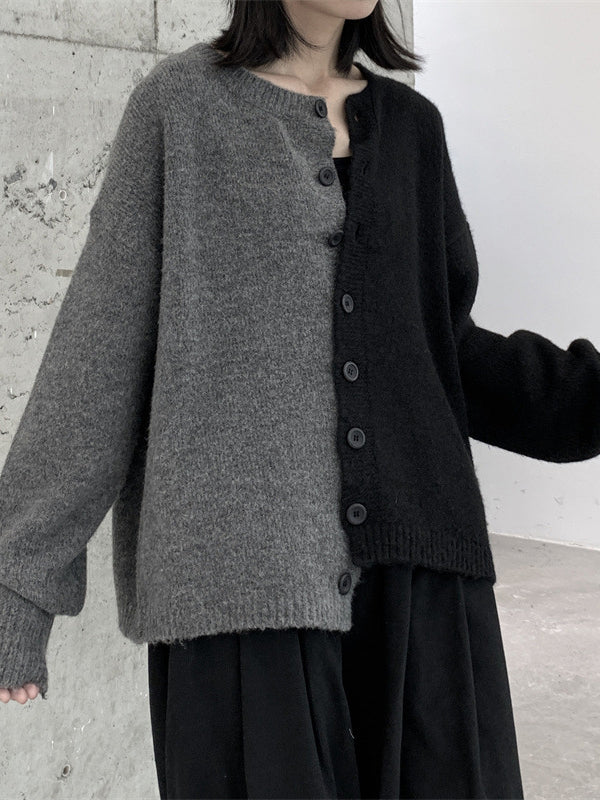 Asymmetric Buttoned Contrast Color Split-Joint Long Sleeves Loose Round-Neck Cardigan Tops