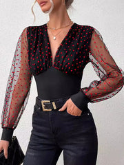 Pleated Polka-Dot See-Through Split-Joint Puff Sleeves Skinny V-neck Blouses&shirts Tops