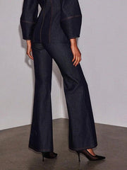 Pockets Solid Color High Waisted Wide Leg Jean Pants Bottoms
