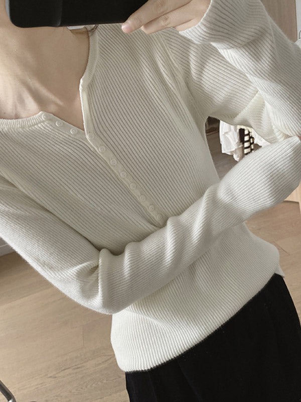 Buttoned Solid Color Long Sleeves Round-Neck Sweater Tops Pullovers