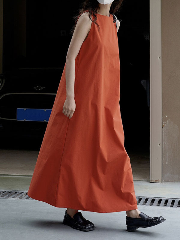 Solid Color Loose Sleeveless Round-Neck Midi Dresses