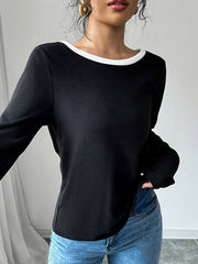 Bowknot Hollow Split-Back Split-Joint Long Sleeves Loose Round-Neck T-Shirts