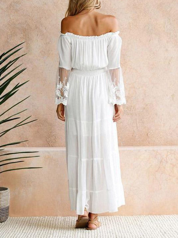 Pleated Solid Color Split-Joint High Waisted Loose Off-the-shoulder Maxi Dresses