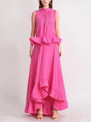 Pleated Ruffled Solid Color High Waisted High-Low Mock Neck Two Pieces Set