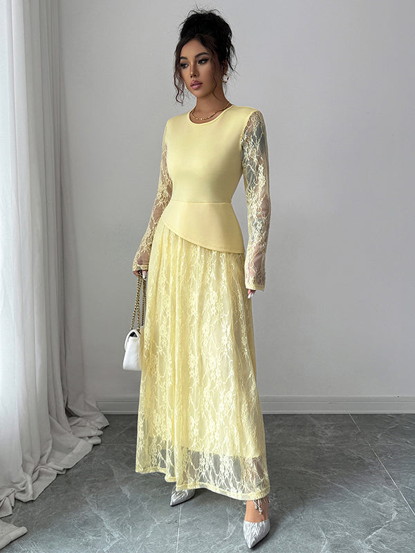 Asymmetric Flower Print Layered See-Through Solid Color Split-Joint A-Line Irregularity Round-Neck Maxi Dresses