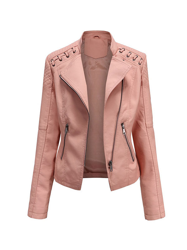Split-Joint Zipper Long Sleeves Mock Neck Outerwear PU Jackets