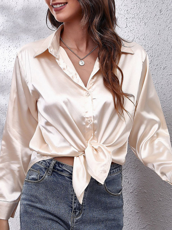 Solid Color Long Sleeves Loose Lapel Blouses
