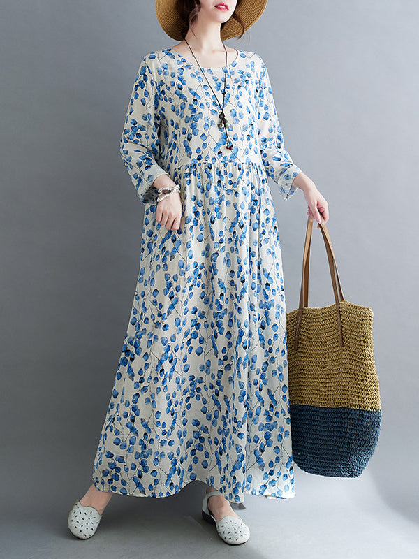Flower Print Split-Joint Long Sleeves Loose Round-Neck Midi Dresses