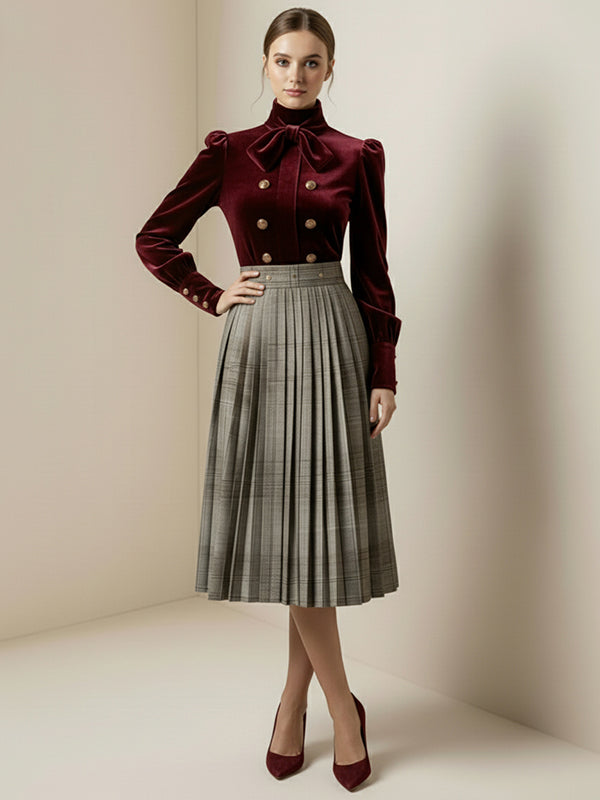 Long Sleeves Puff Sleeves Bow-Embellished Buttoned Contrast Color Pleated Split-Joint High Neck Blouses&Shirts Tops