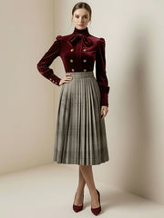 Long Sleeves Puff Sleeves Bow-Embellished Buttoned Contrast Color Pleated Split-Joint High Neck Blouses&Shirts Tops
