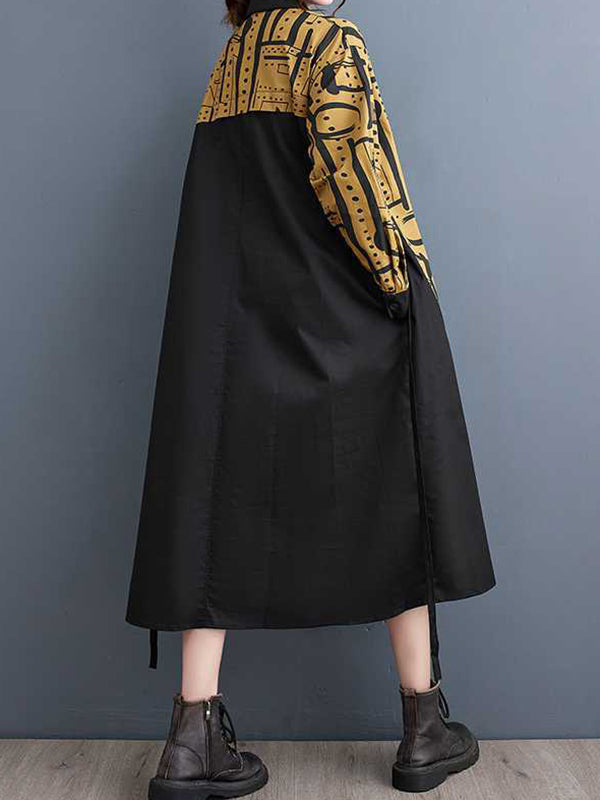 Asymmetric Contrast Color Printed Warp Knitting A-Line Long Sleeves Lapel Shirt Dress Midi Dresses