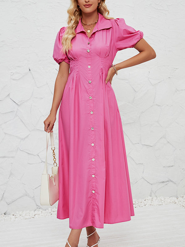Pleated Split-Joint Loose Puff Sleeves Lapel Shirt Dress Maxi Dresses