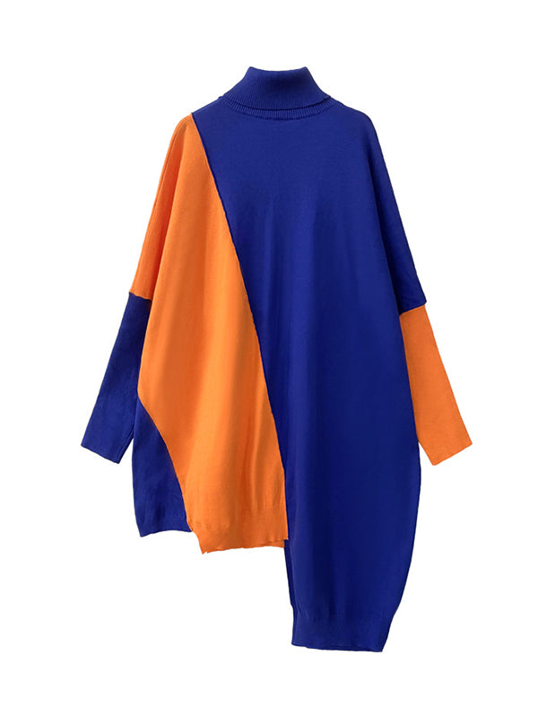 Asymmetric Contrast Color Split-Joint Batwing Sleeves Long Sleeves High Neck Sweater Dresses Midi Dresses