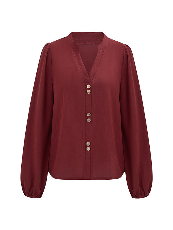 Buttoned Elasticity Long Sleeves Loose V-neck Blouses&shirts Tops