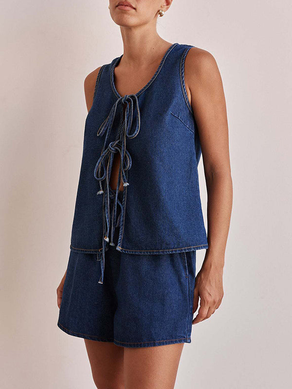 Lace-Up Split-Joint Loose Sleeveless Round-neck Vest Top