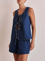Lace-Up Split-Joint Loose Sleeveless Round-neck Vest Top