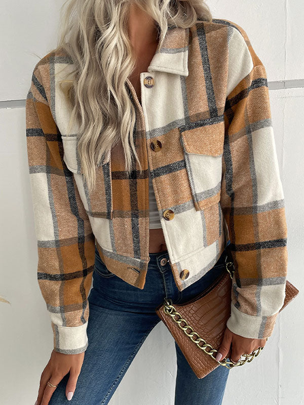 Buttoned Plaid Pockets Split-Joint Long Sleeves Loose Lapel Outerwear Jackets