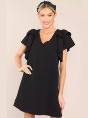 Comfort Solid Color Flared Sleeves Loose V-neck Mini Dresses