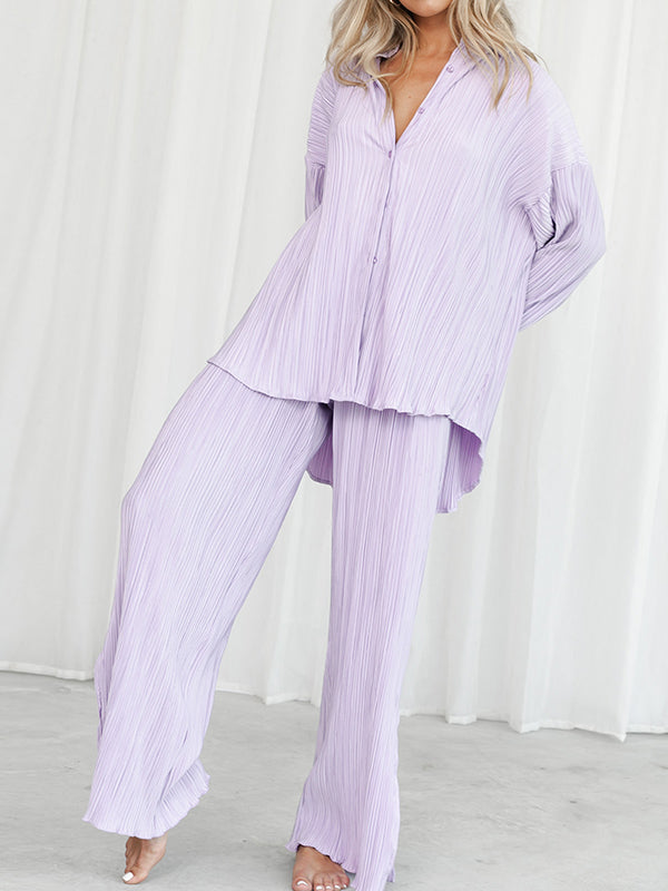 Solid Color Flared Sleeves Long Sleeves Buttoned Drawstring Pleated Split-Side Lapel Shirts Top + Pants Bottom Pajama Sets
