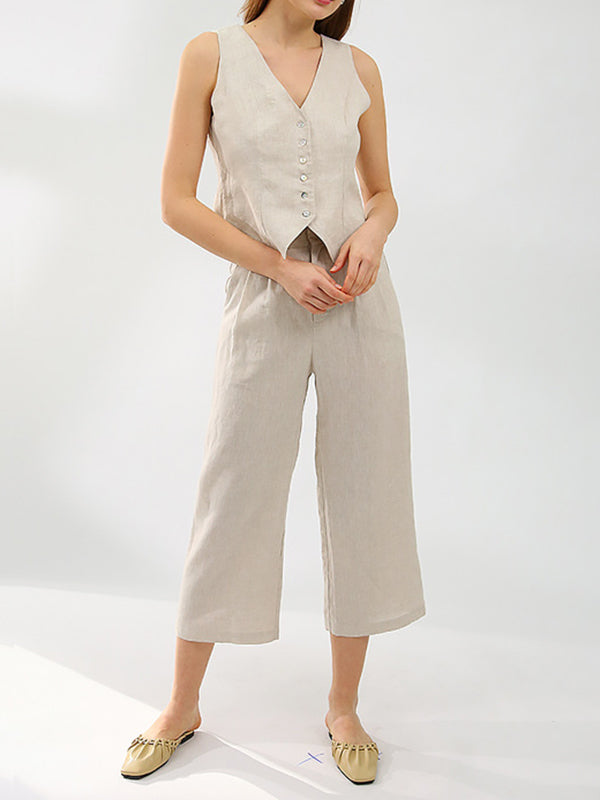 Solid Color Buttoned Deep V-Neck Sleeveless  Vest Top + Pleated Straight Leg Pants Bottom Two Pieces Set