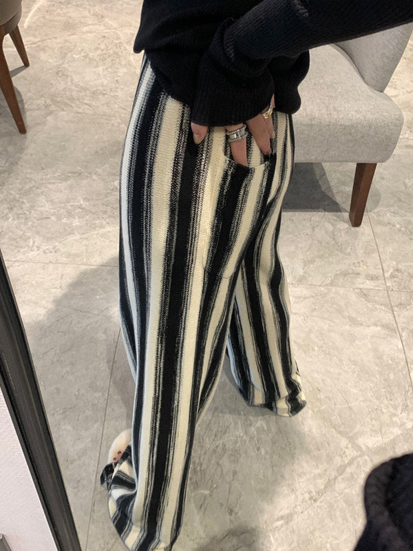 Casual Wide Leg Loose Drawstring Striped Pants