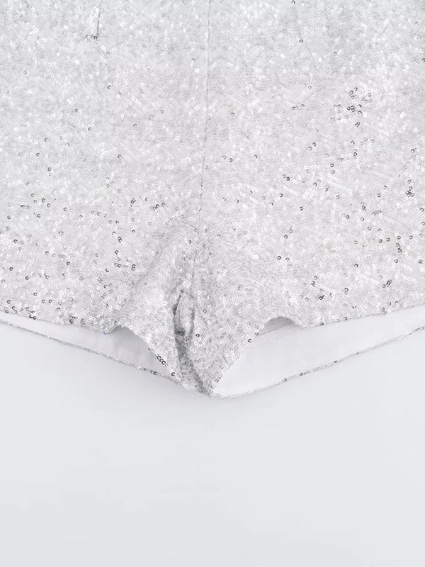 V-Neck Long Sleeves Loose Sequined Shiny Blazers Top + Shorts Bottom Two Pieces Set