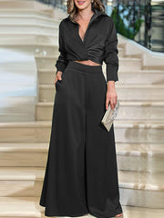 Elasticity Pleated Long Sleeves Loose Buttoned Solid Color Lapel Shirts Top + Pants Bottom Two Pieces Set
