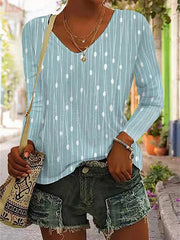 Printed Long Sleeves Loose V-Neck T-Shirts